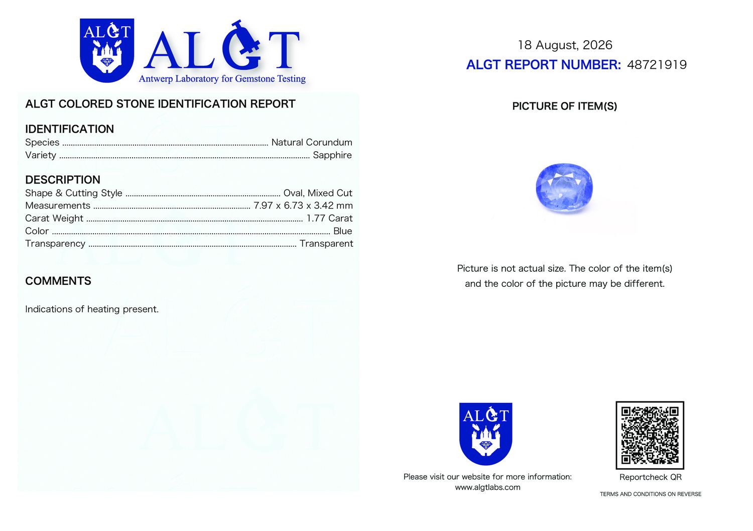 Certificate 1.77CT SAPPHIRE HEATED