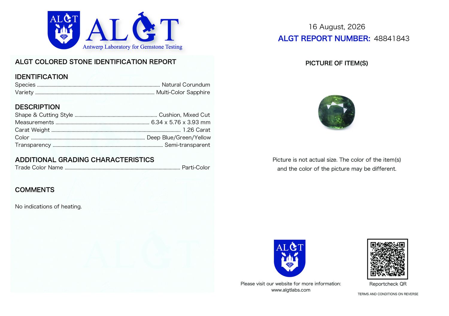 Certificate 1.26CT SAPPHIRE UNHEATED