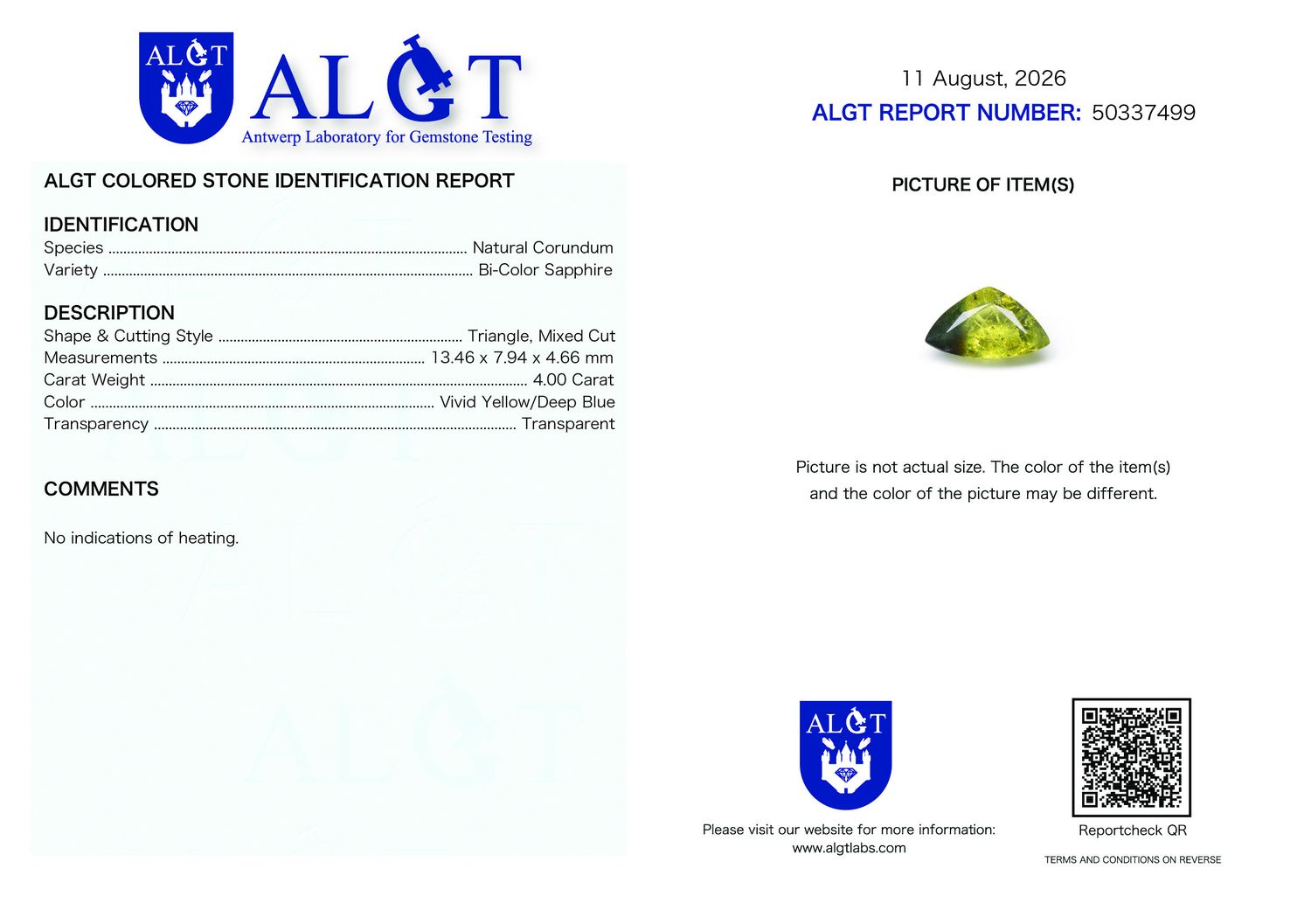 Certificate 4.00CT SAPPHIRE UNHEATED