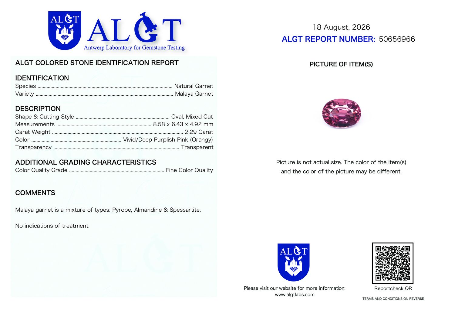Certificate 2.29CT GARNET UNHEATED