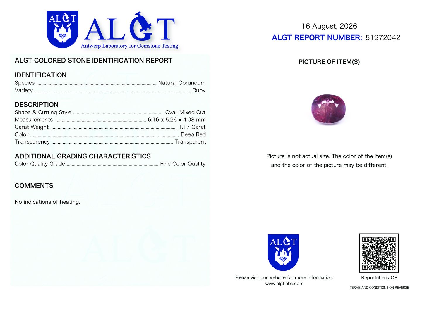 Certificate 1.17CT RUBY UNHEATED