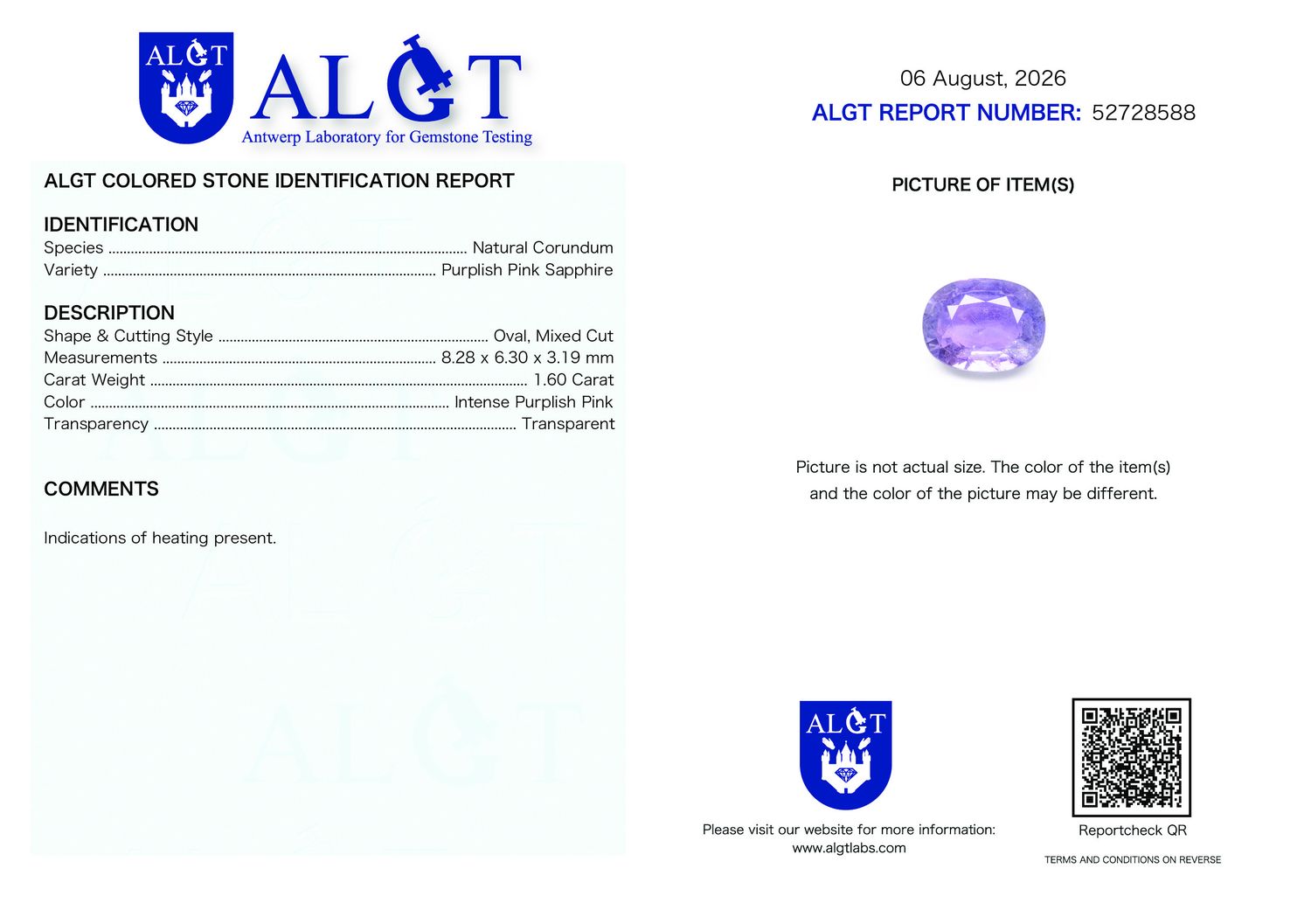 Certificate 1.60CT SAPPHIRE HEATED