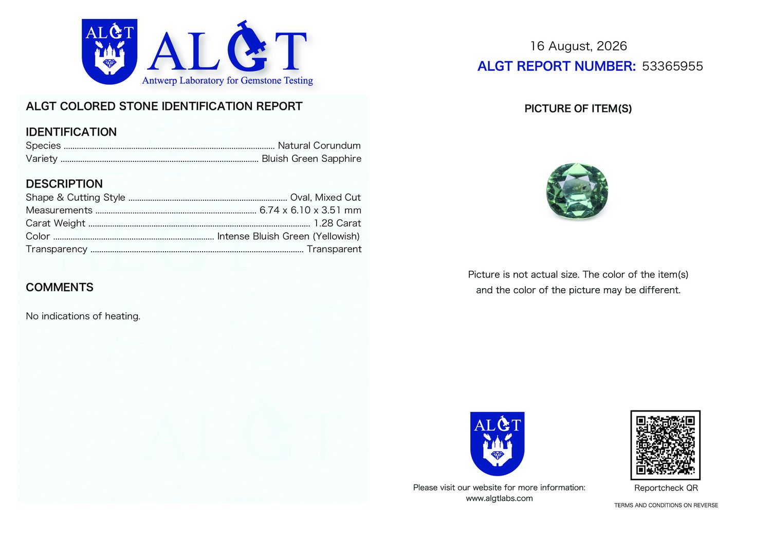 Certificate 1.28CT SAPPHIRE UNHEATED