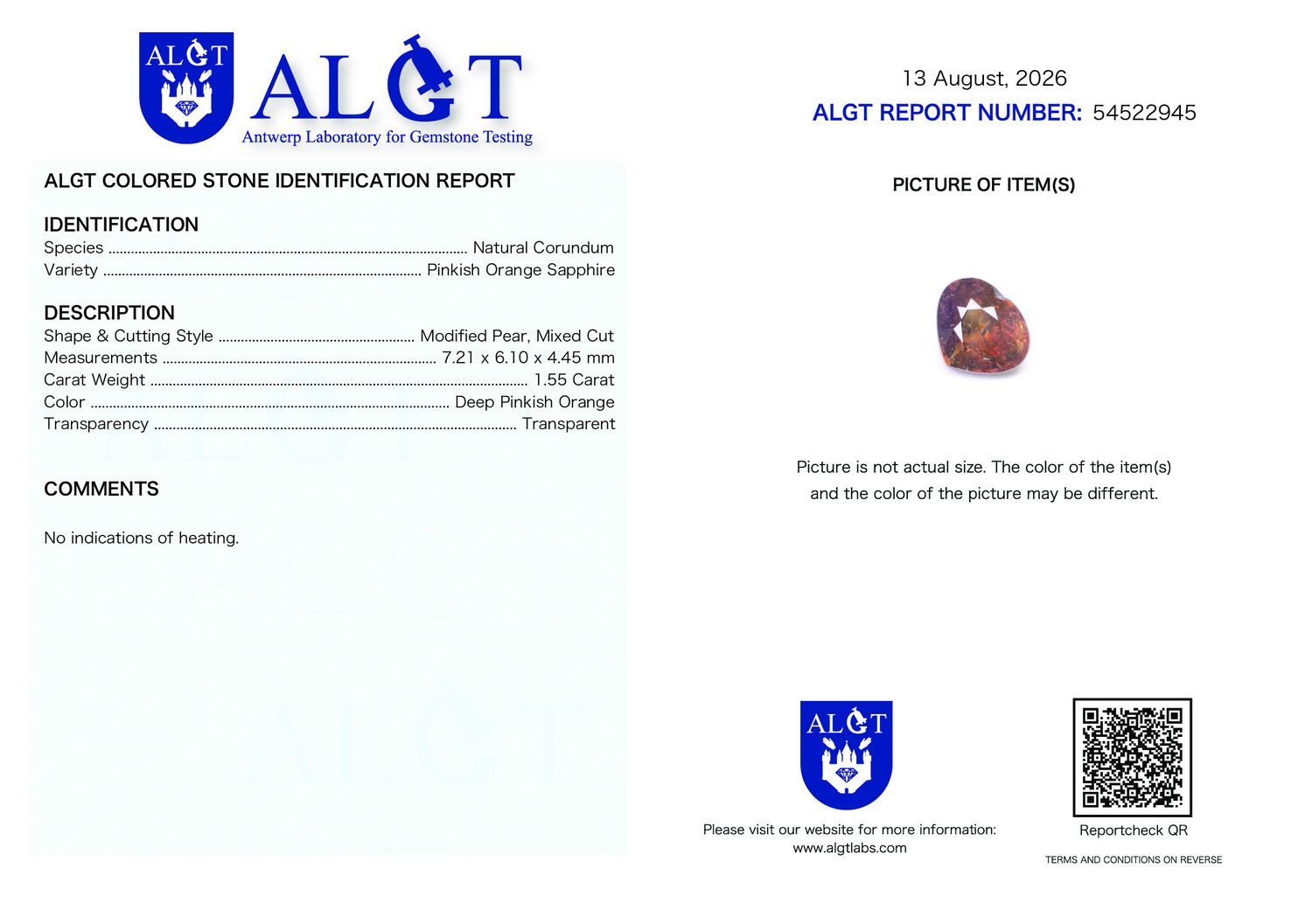 Certificate 1.55CT SAPPHIRE UNHEATED