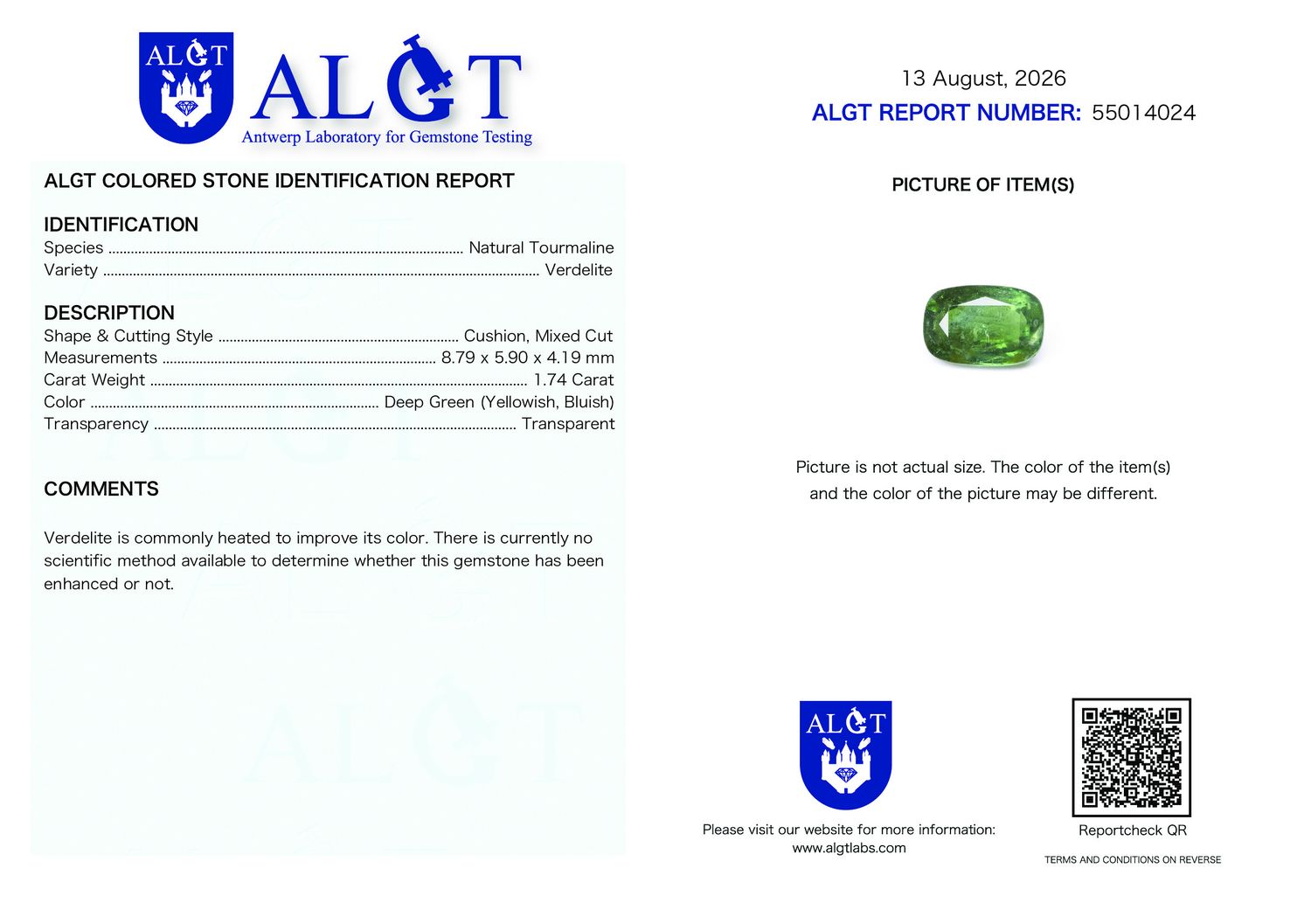 Certificate 1.74CT TOURMALINE HEATED