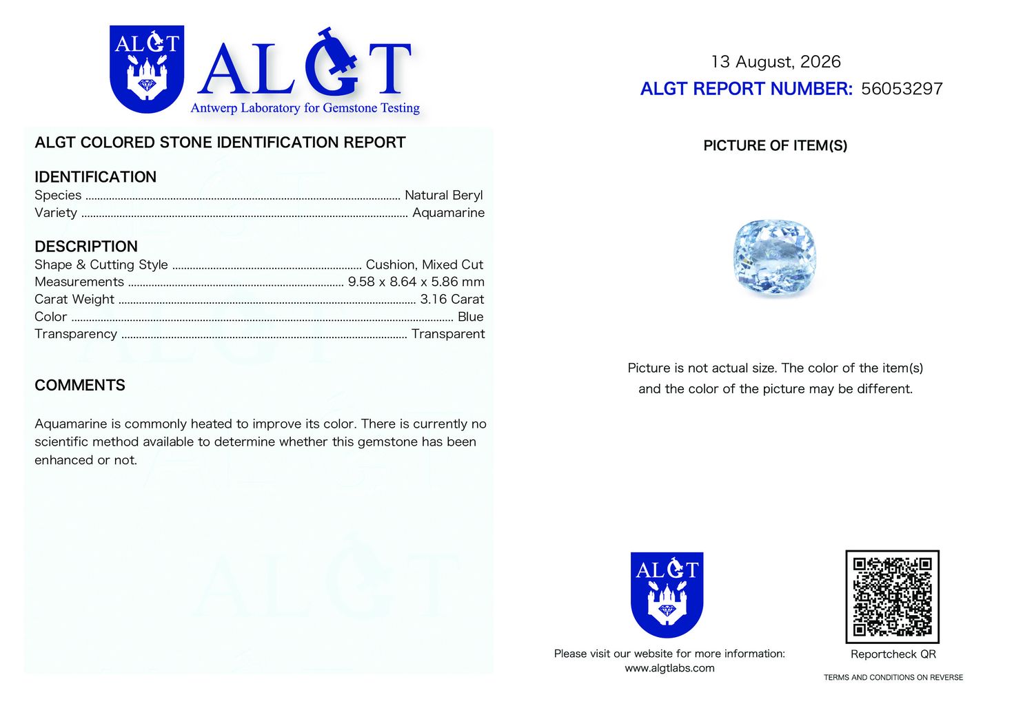 Certificate 3.16CT AQUAMARINE HEATED