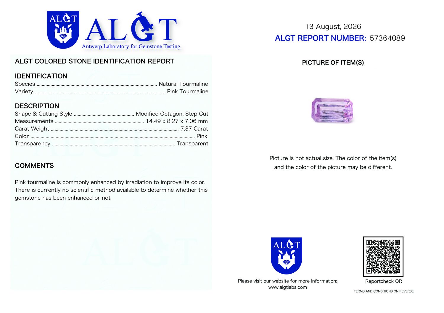 Certificate 7.37CT TOURMALINE