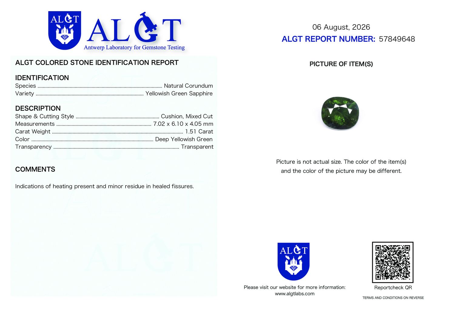 Certificate 1.51CT SAPPHIRE HEATED
