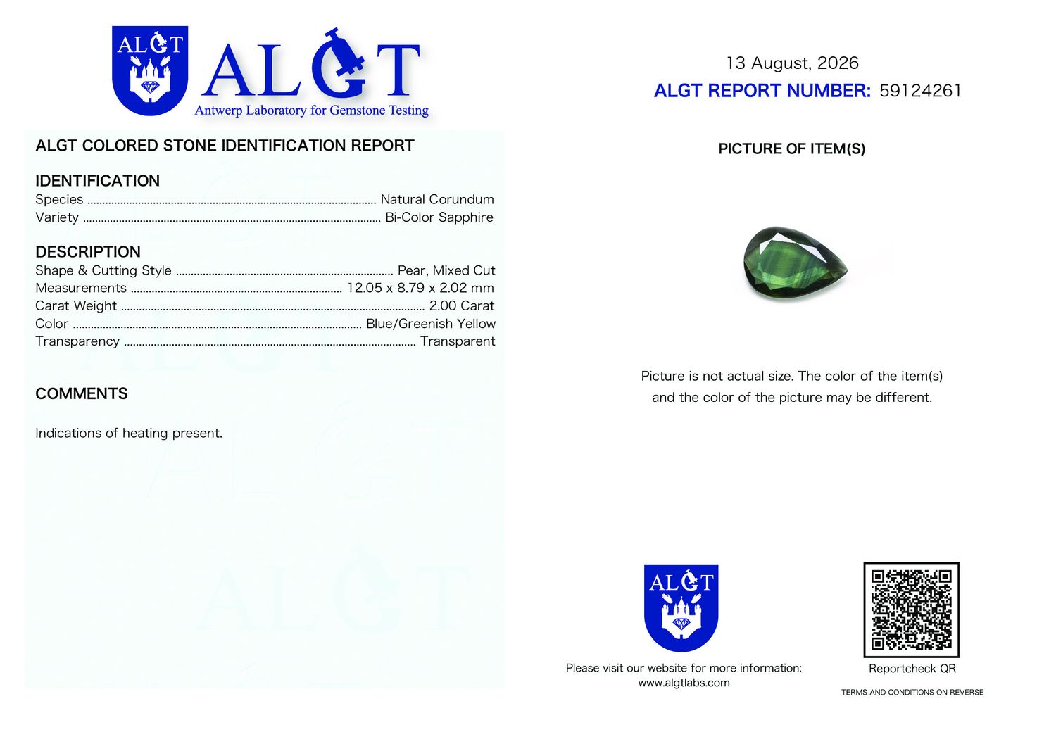 Certificate 2.00CT SAPPHIRE HEATED