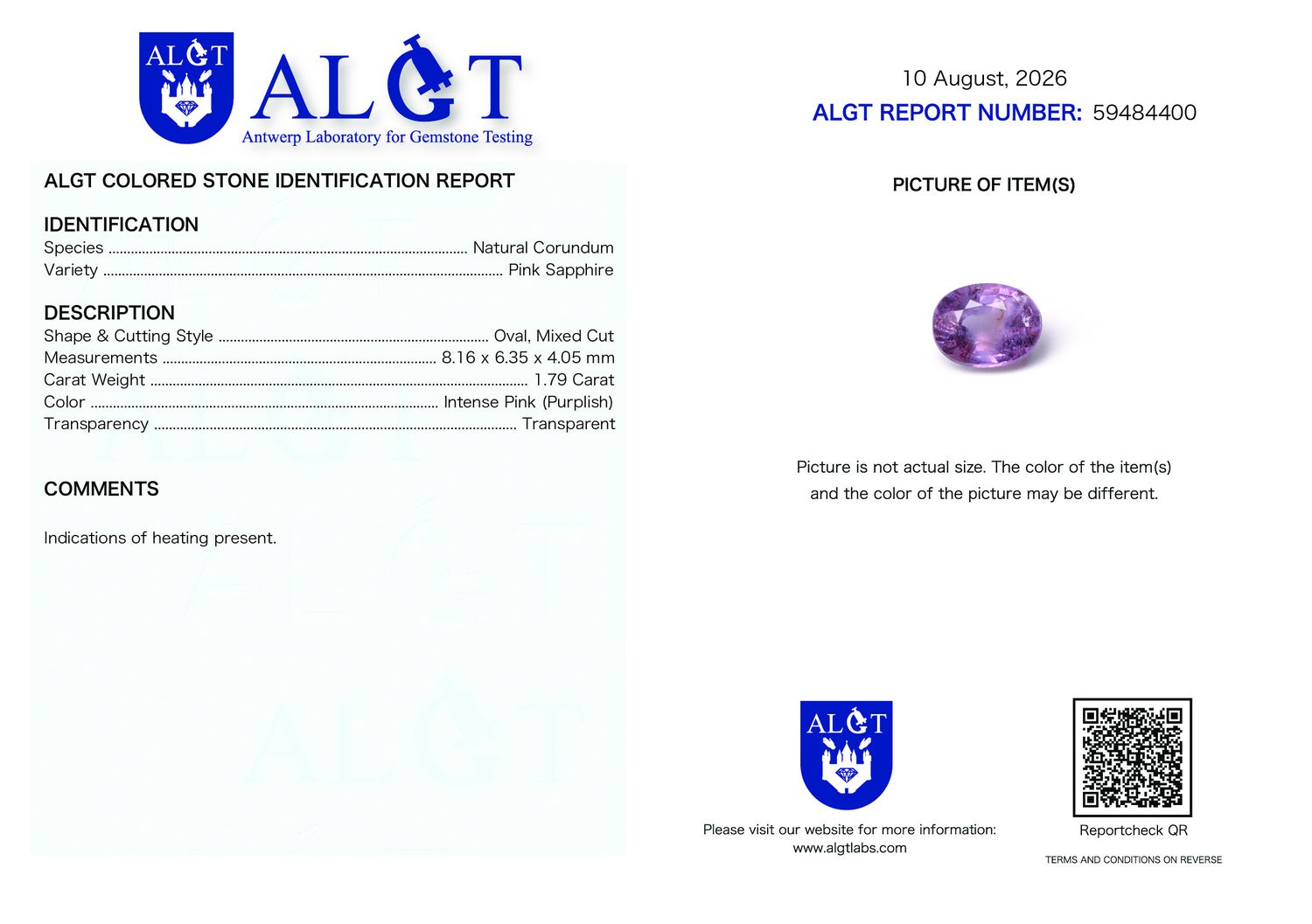 Certificate 1.79CT SAPPHIRE HEATED