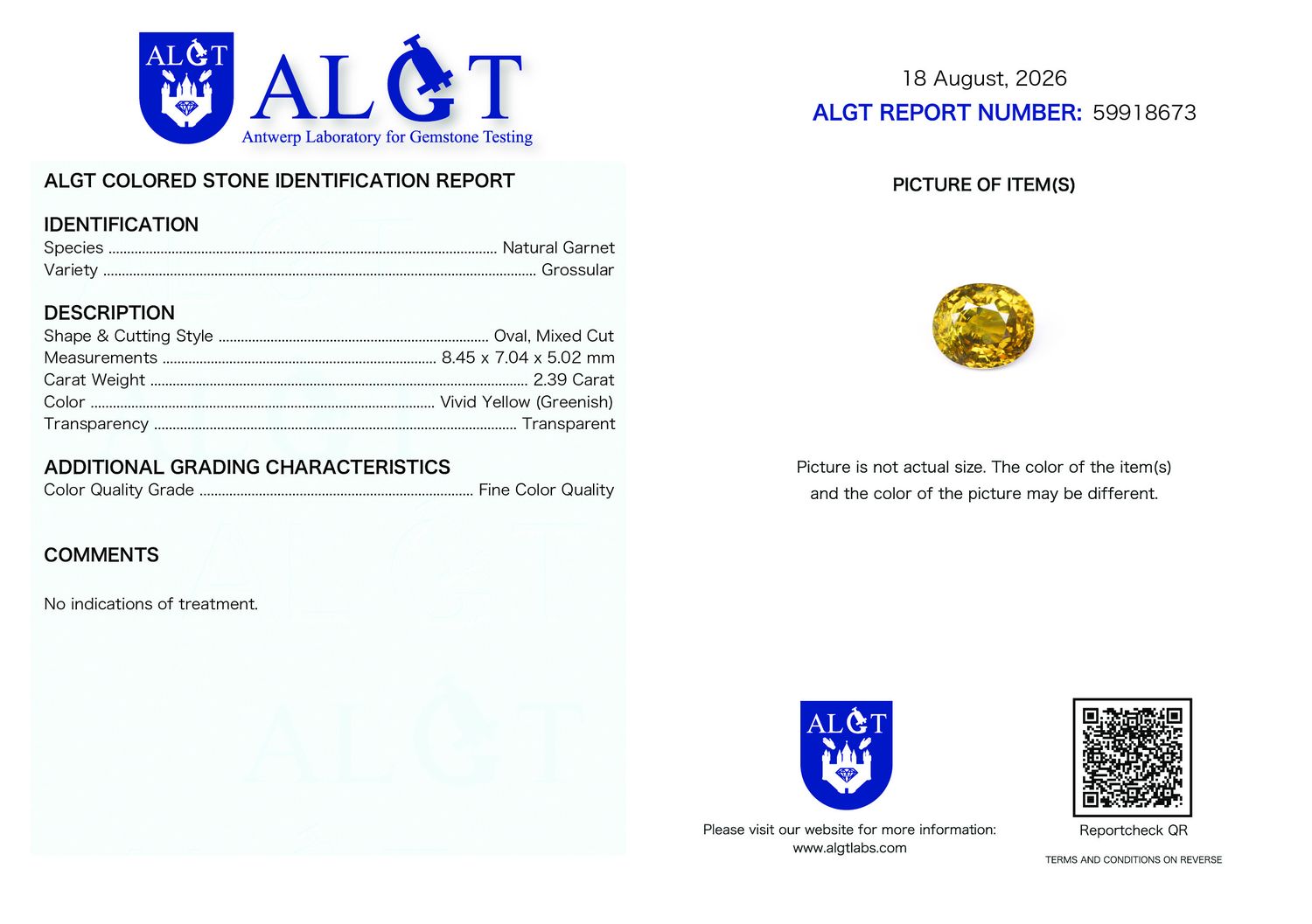 Certificate 2.39CT GARNET UNHEATED