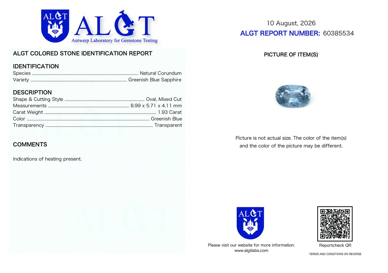 Certificate 1.93CT SAPPHIRE HEATED