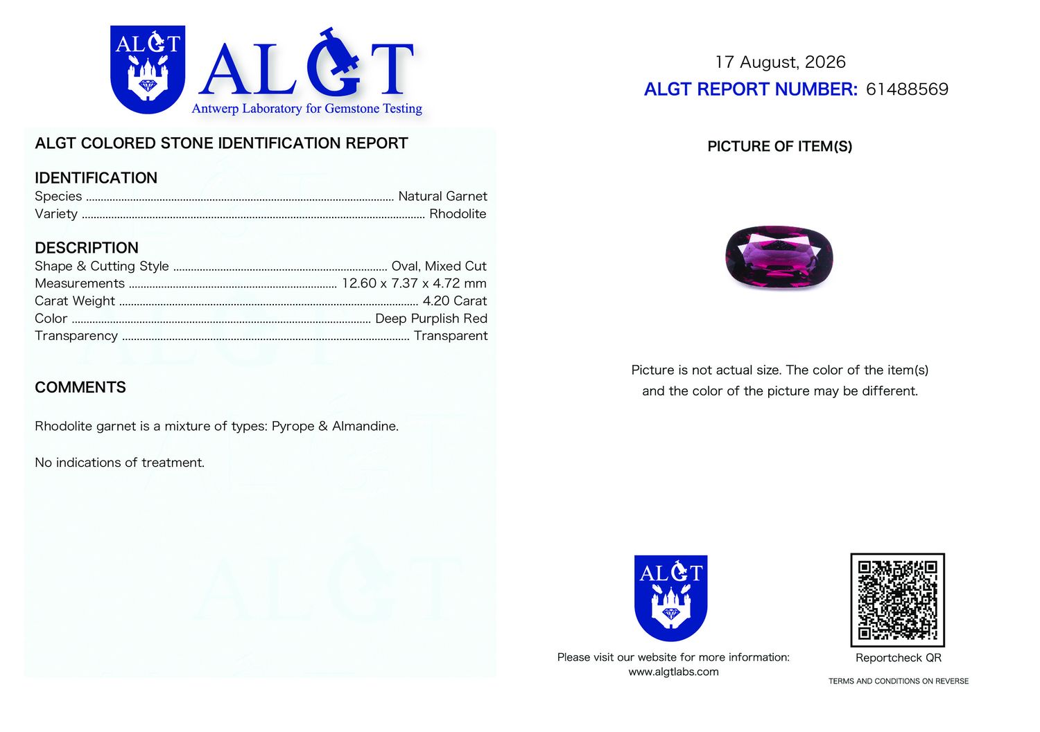 Certificate 4.20CT GARNET UNHEATED