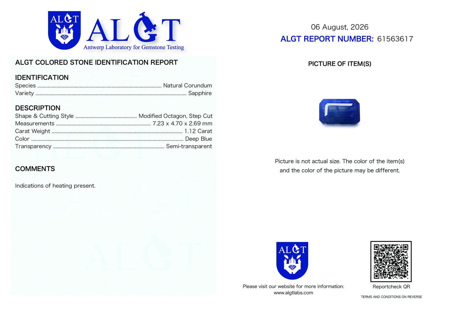 Certificate 1.12CT SAPPHIRE HEATED