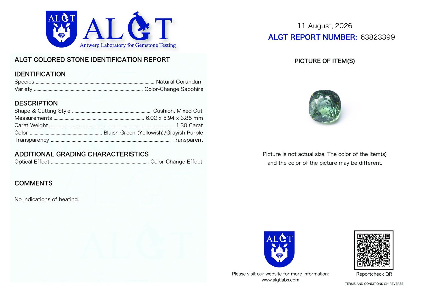 Certificate 1.30CT SAPPHIRE UNHEATED COLOR CHANGE