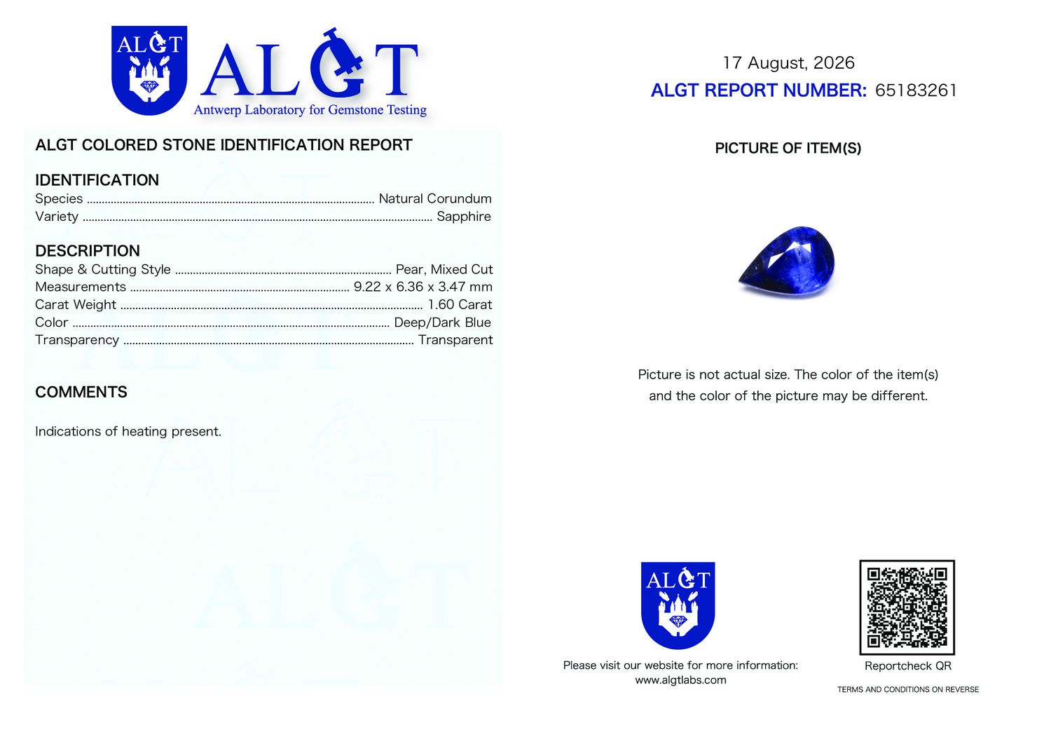 Certificate 1.60CT SAPPHIRE HEATED