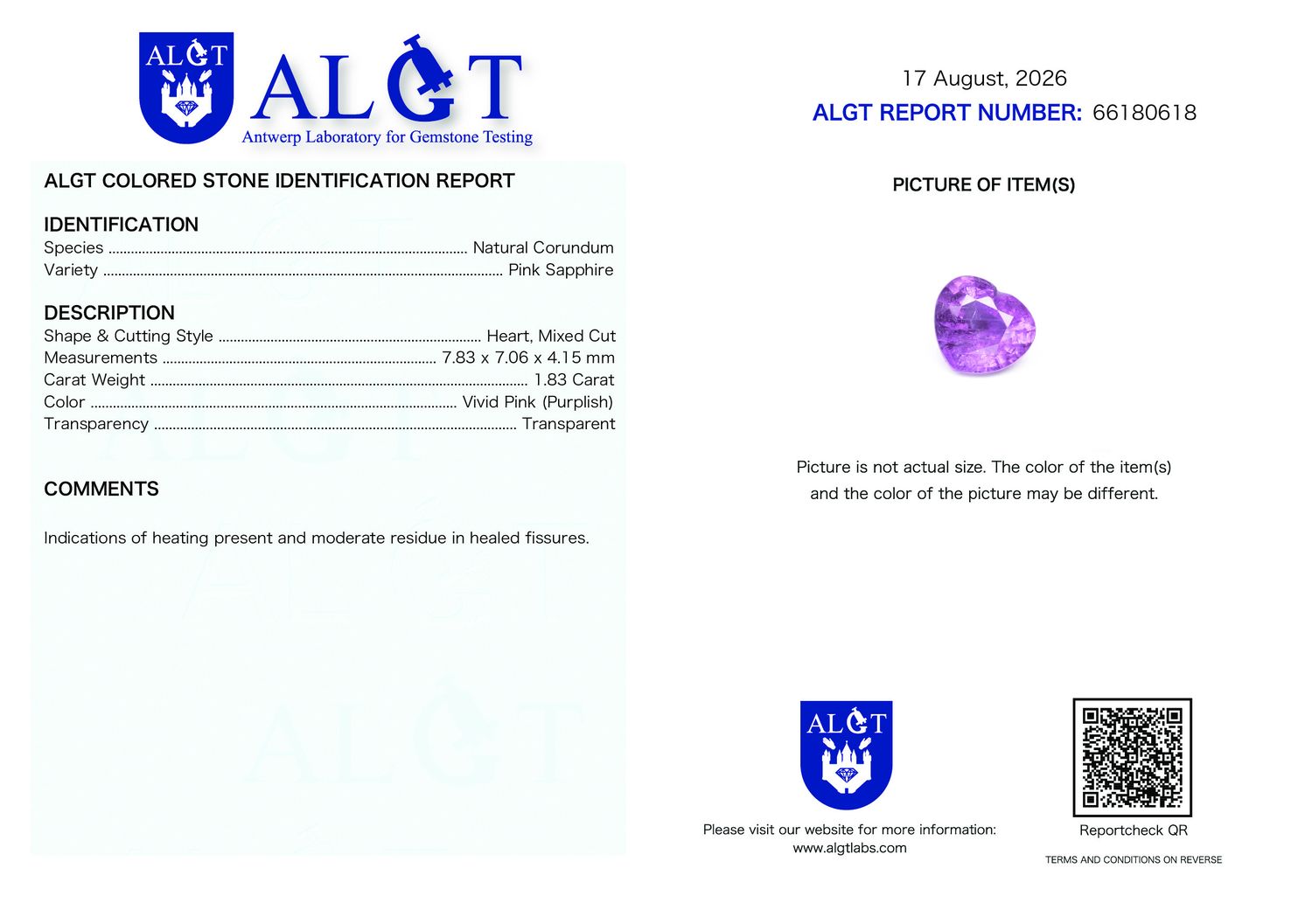 Certificate 1.83CT SAPPHIRE HEATED