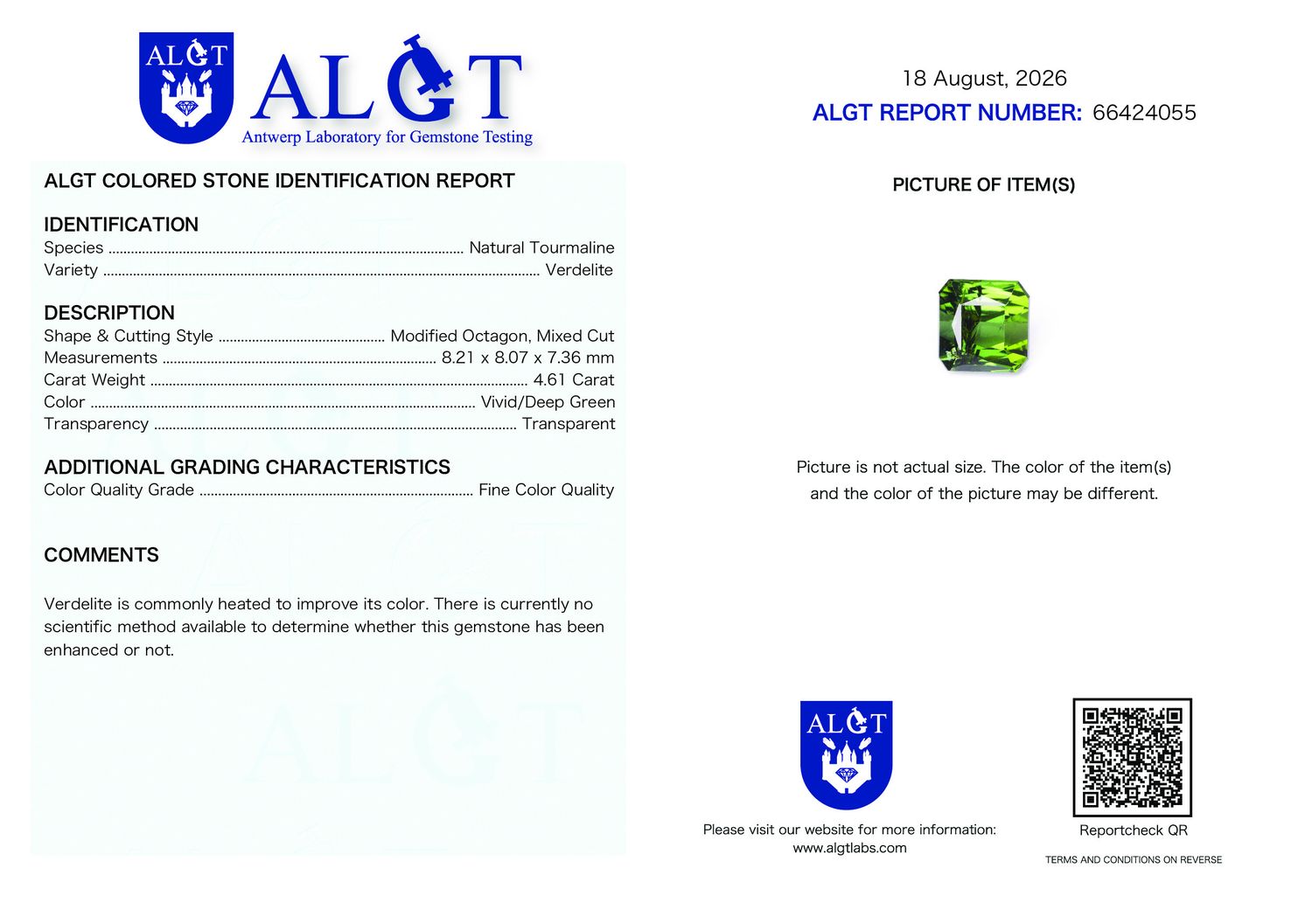 Certificate 4.61CT TOURMALINE HEATED
