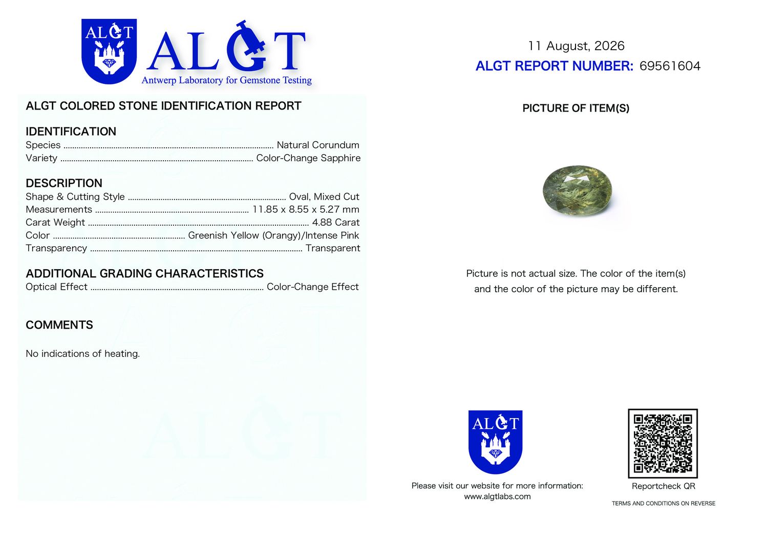 Certificate 4.88CT SAPPHIRE UNHEATED COLOR CHANGE