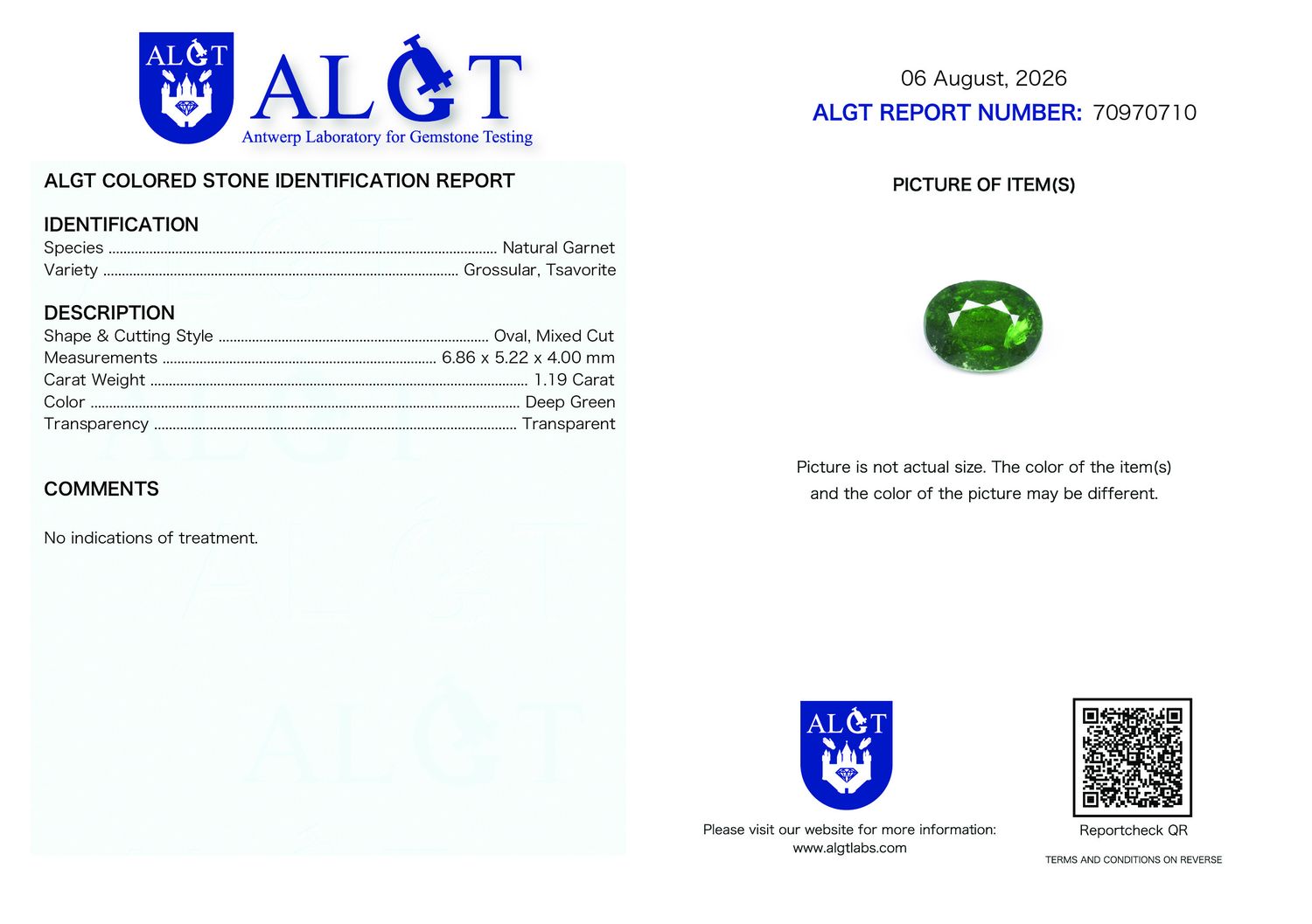 Certificate 1.19CT GARNET UNHEATED