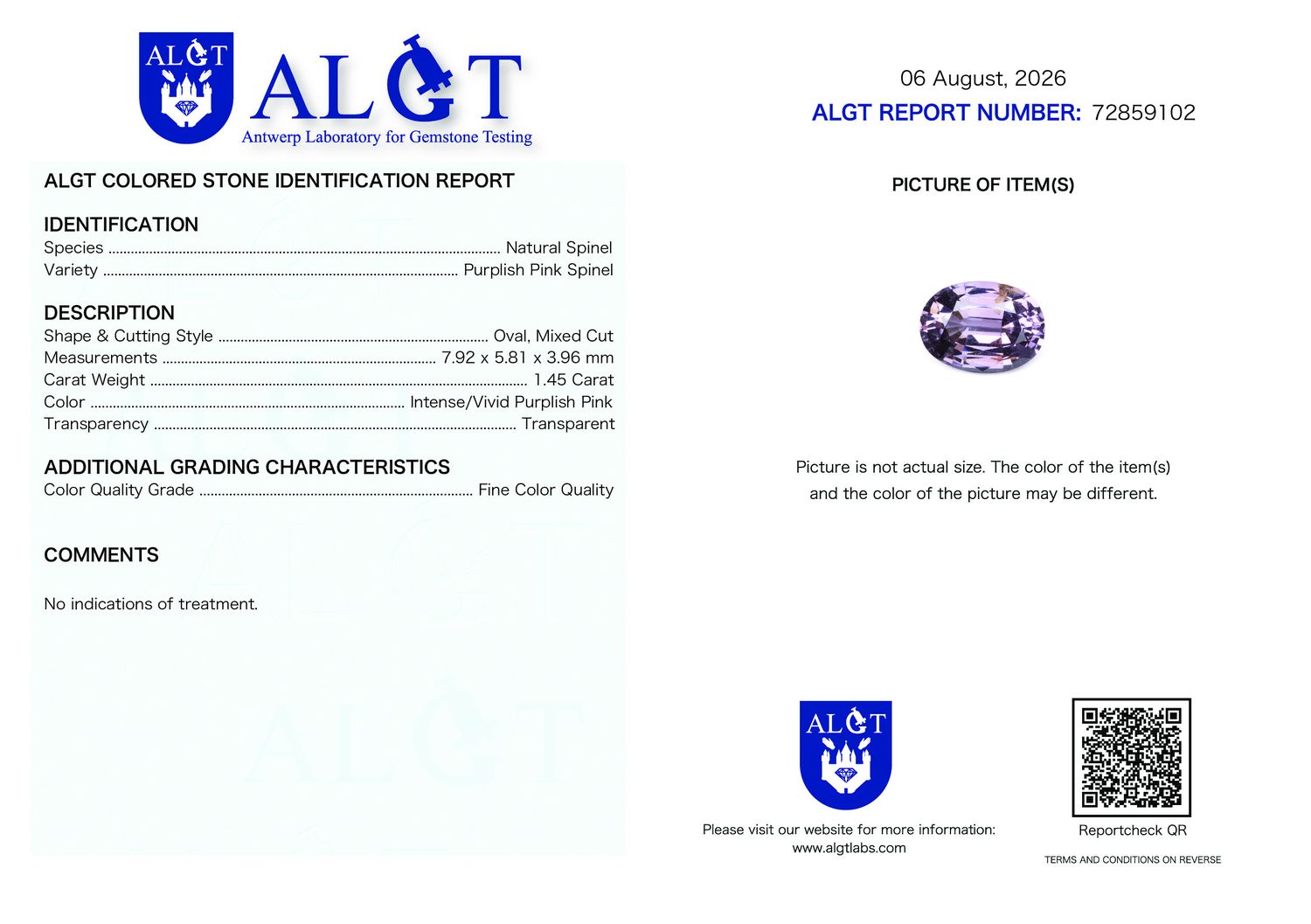 Certificate 1.45CT SPINEL UNHEATED