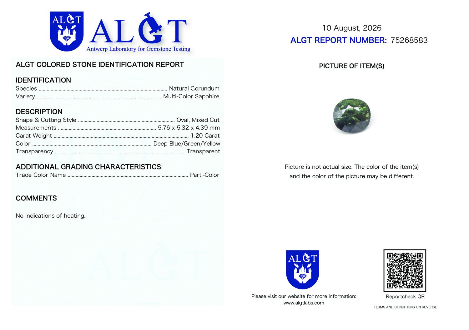 Certificate 1.20CT SAPPHIRE UNHEATED