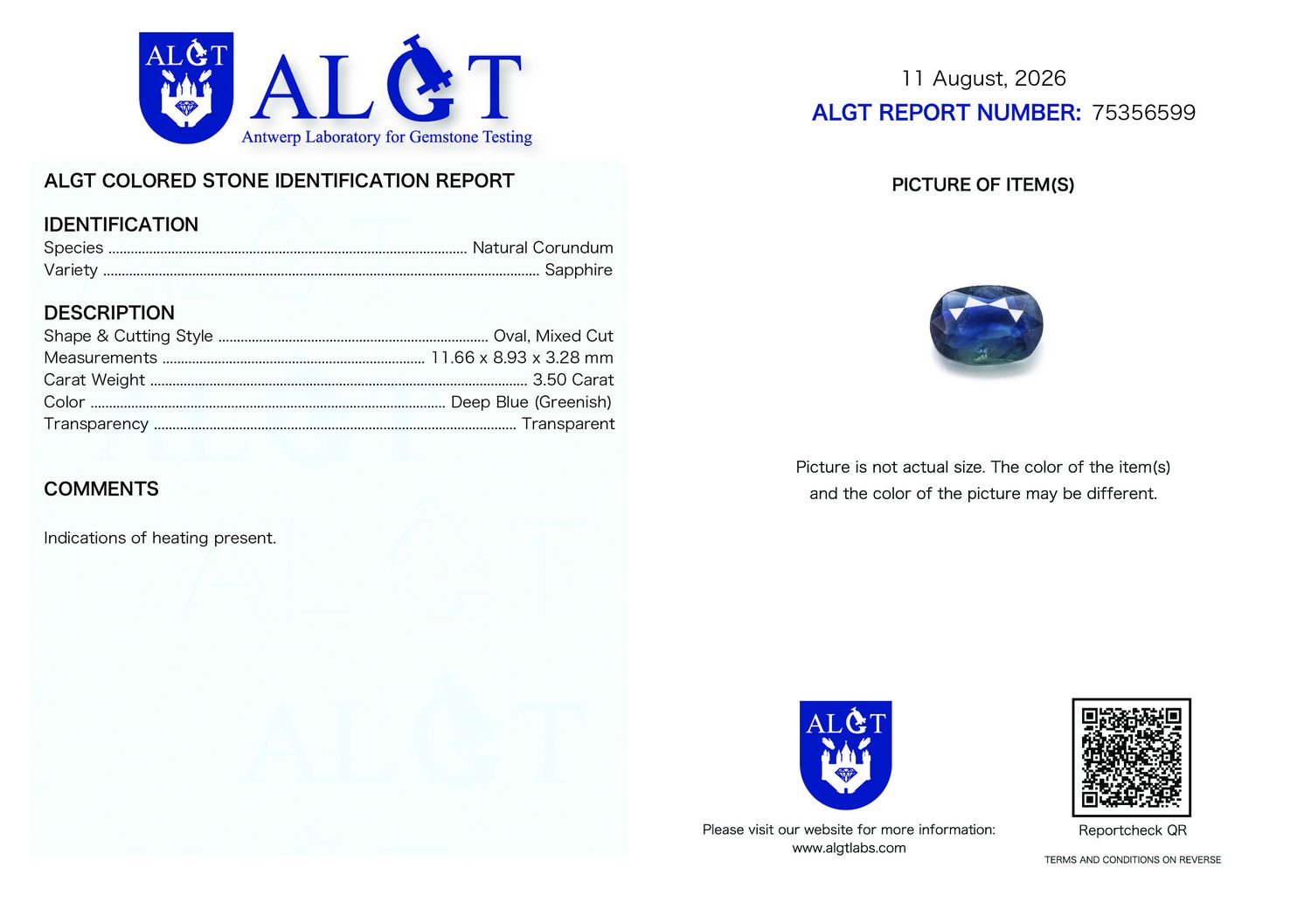 Certificate 3.50CT SAPPHIRE HEATED