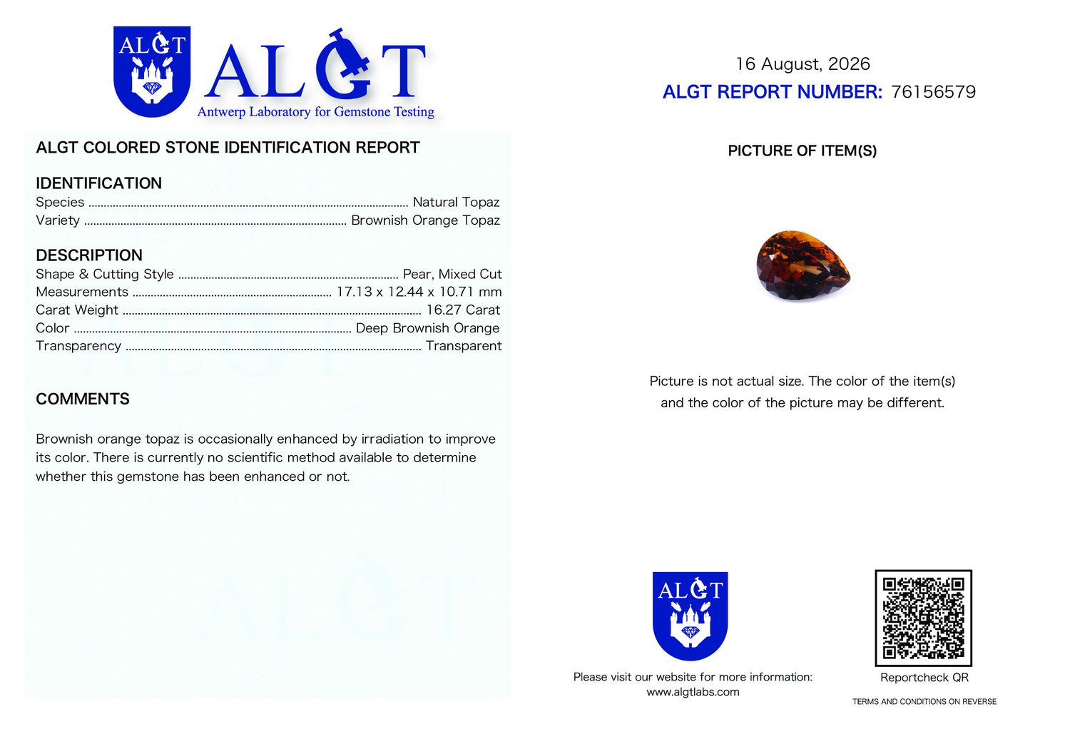 Certificate 16.27CT TOPAZ