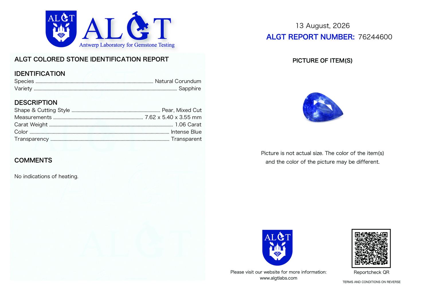 Certificate 1.06CT SAPPHIRE UNHEATED