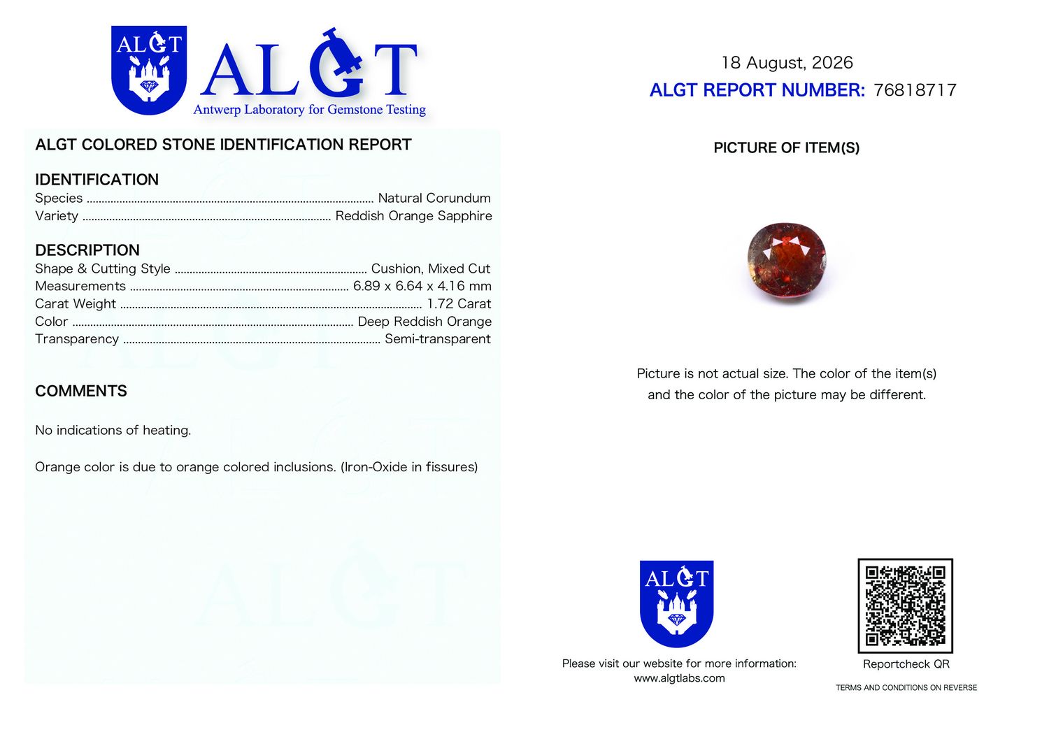 Certificate 1.72CT SAPPHIRE UNHEATED