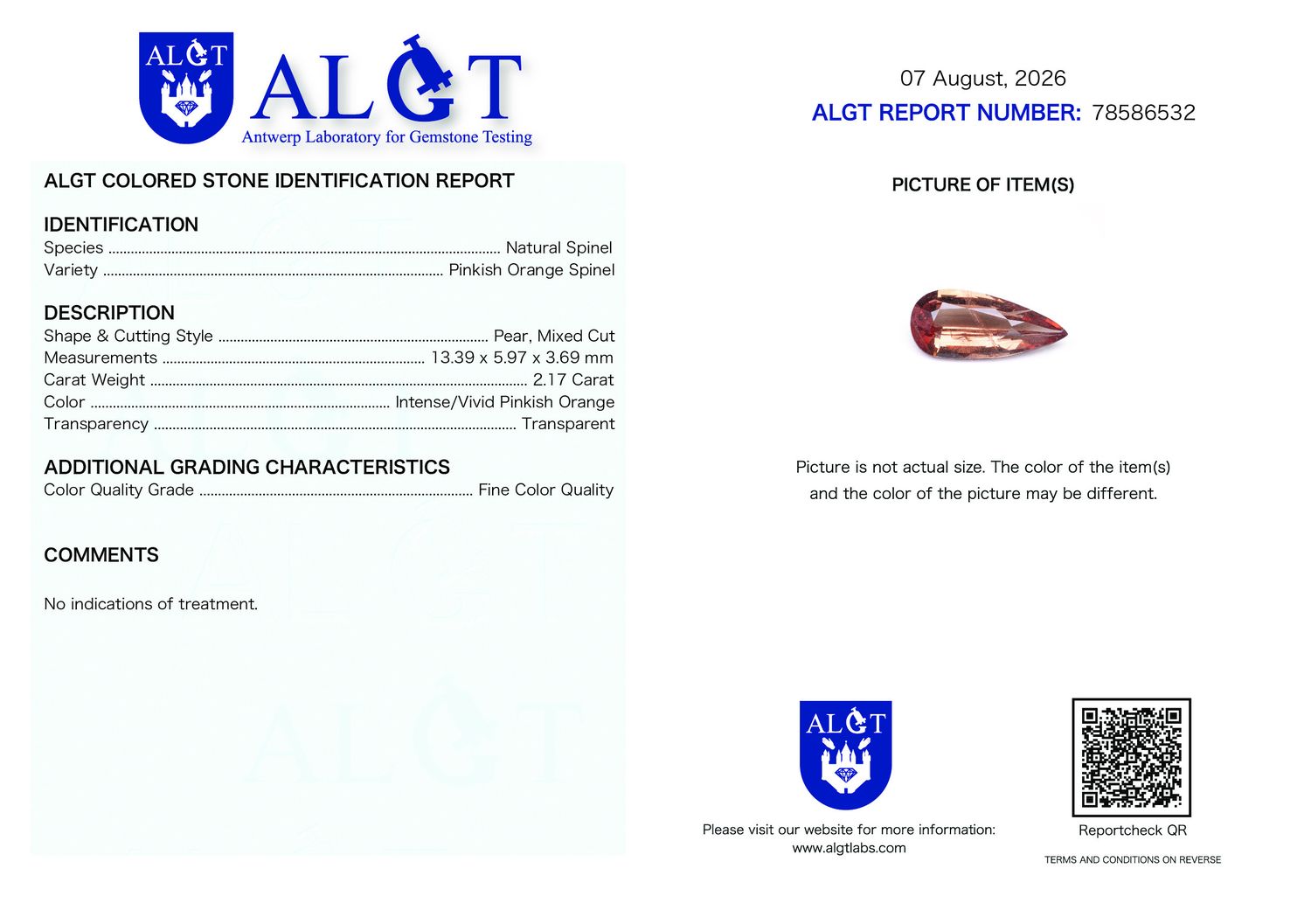 Certificate 2.17CT SPINEL UNHEATED