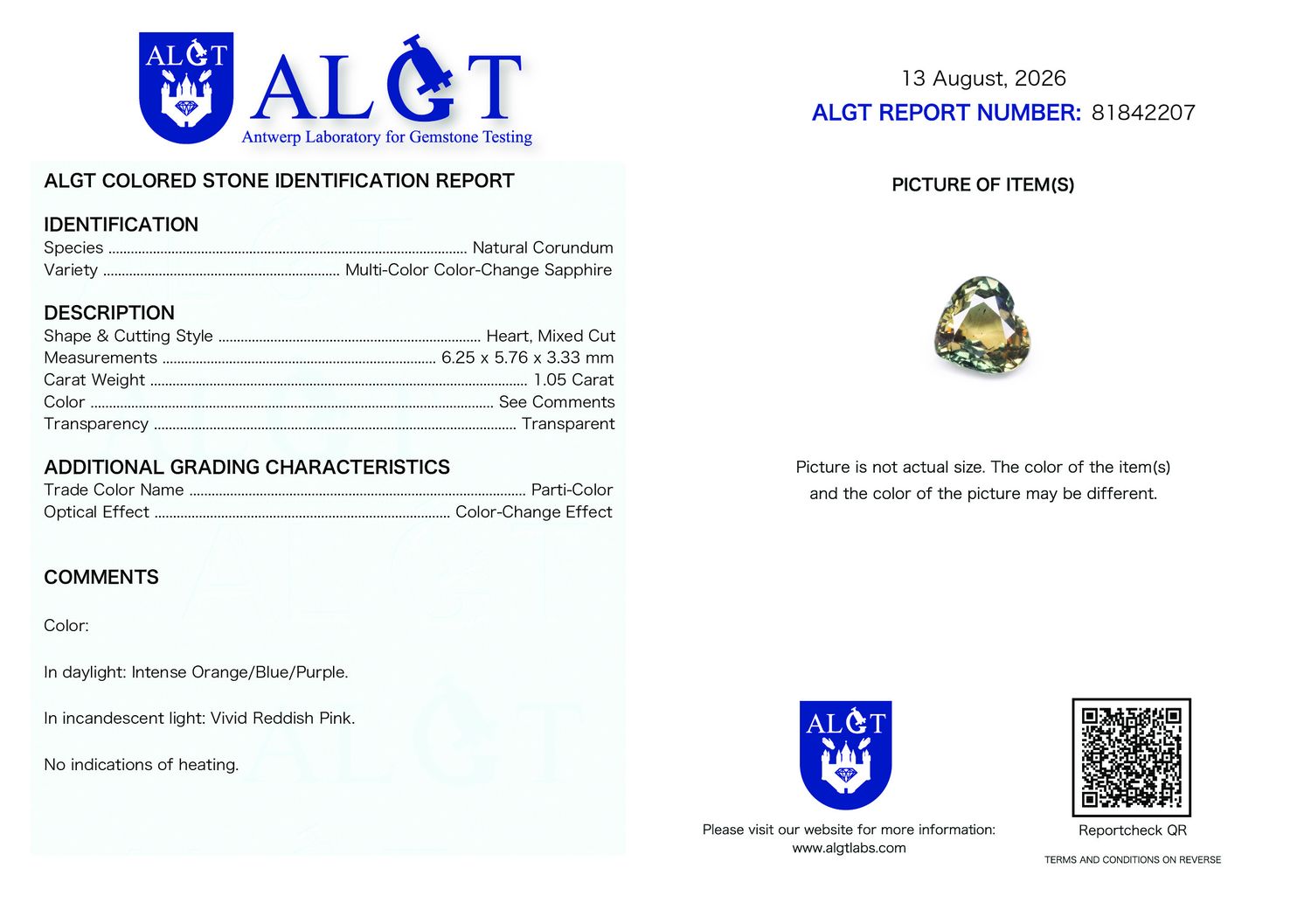 Certificate 1.05CT SAPPHIRE UNHEATED COLOR CHANGE