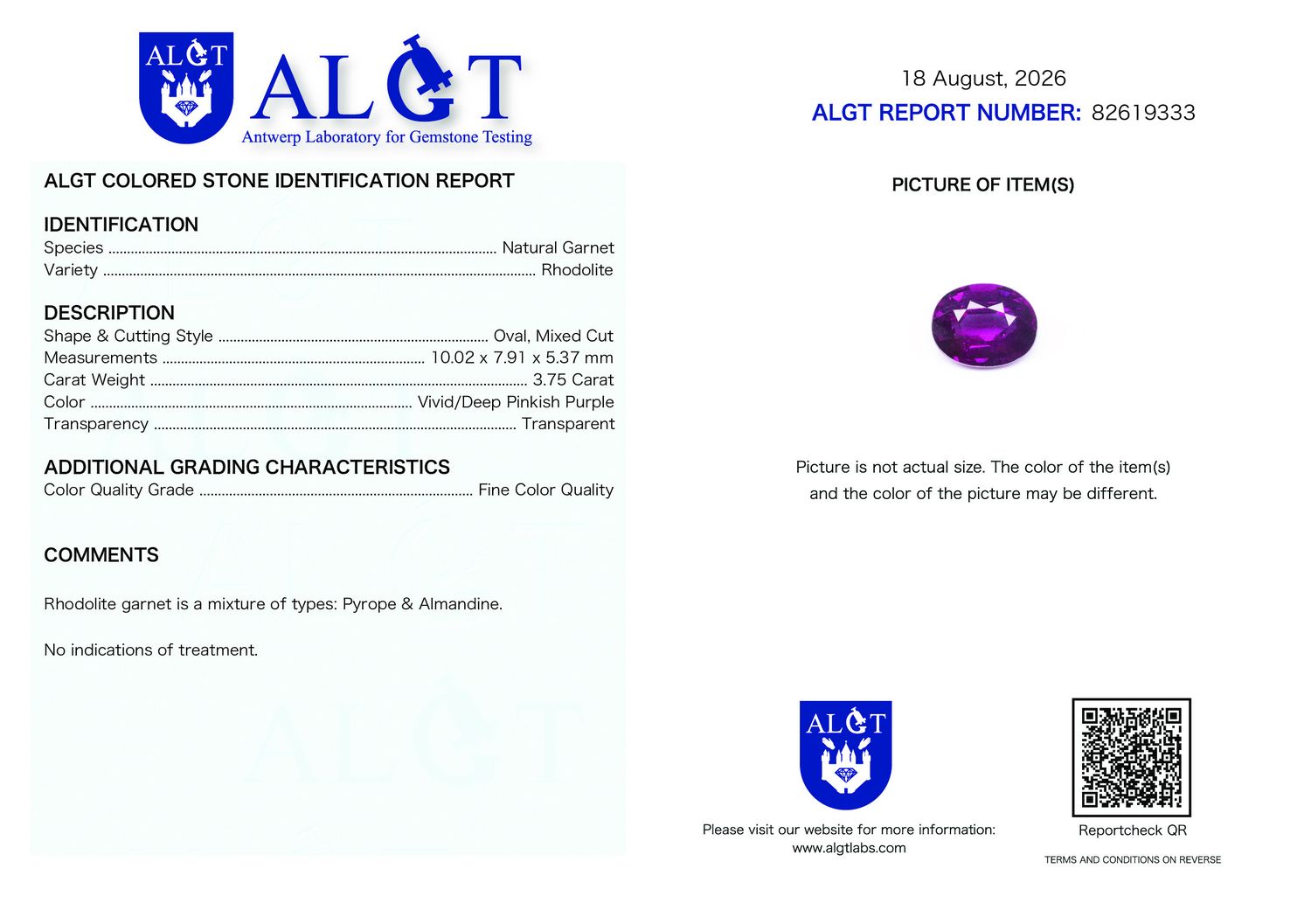 Certificate 3.75CT GARNET UNHEATED