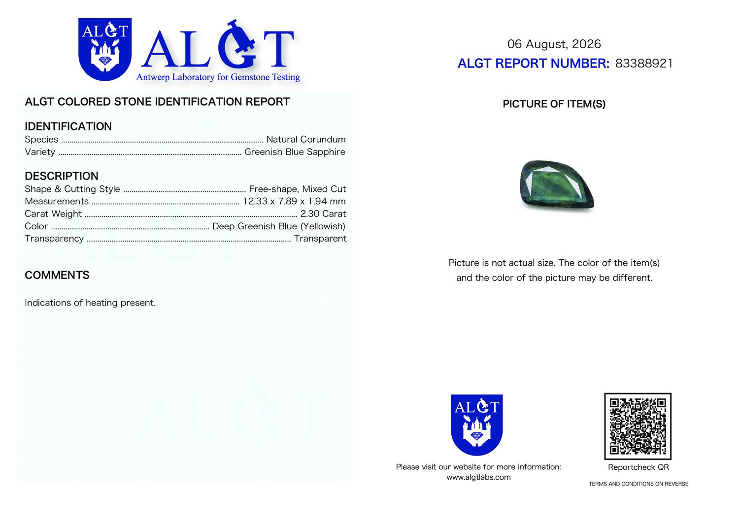 Certificate 2.30CT SAPPHIRE HEATED