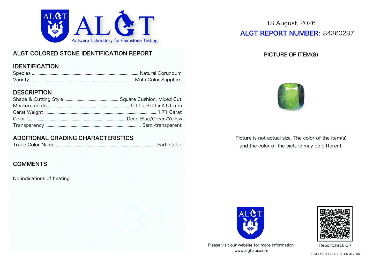 Certificate 1.71CT SAPPHIRE UNHEATED