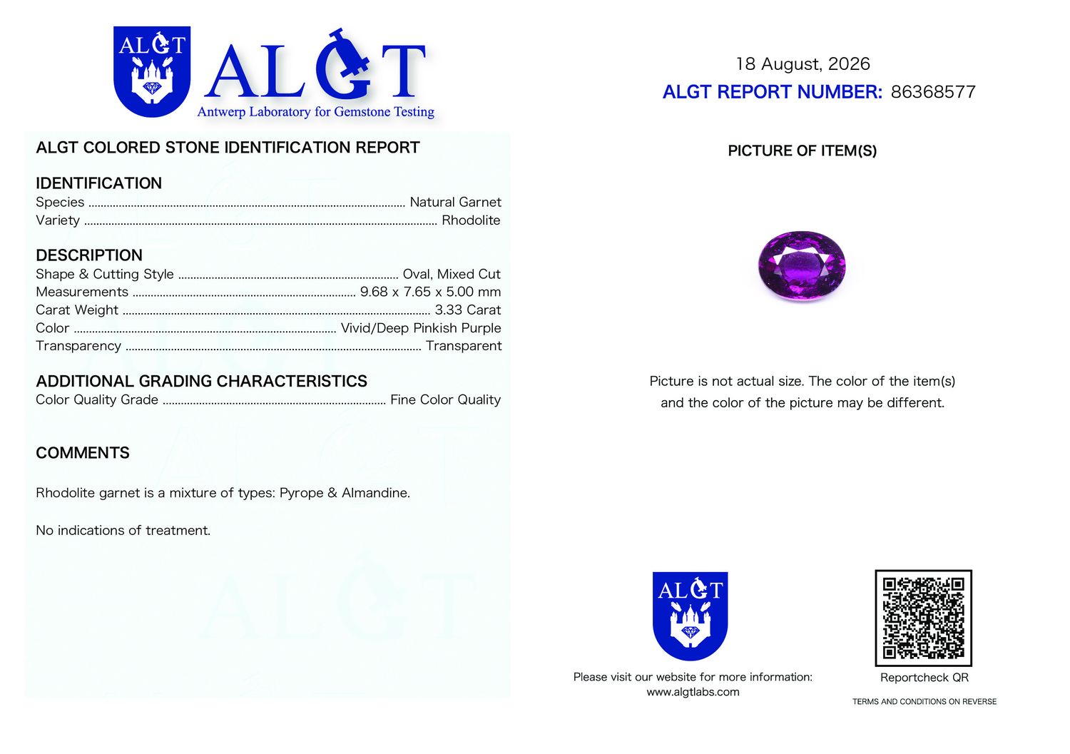 Certificate 3.33CT GARNET UNHEATED
