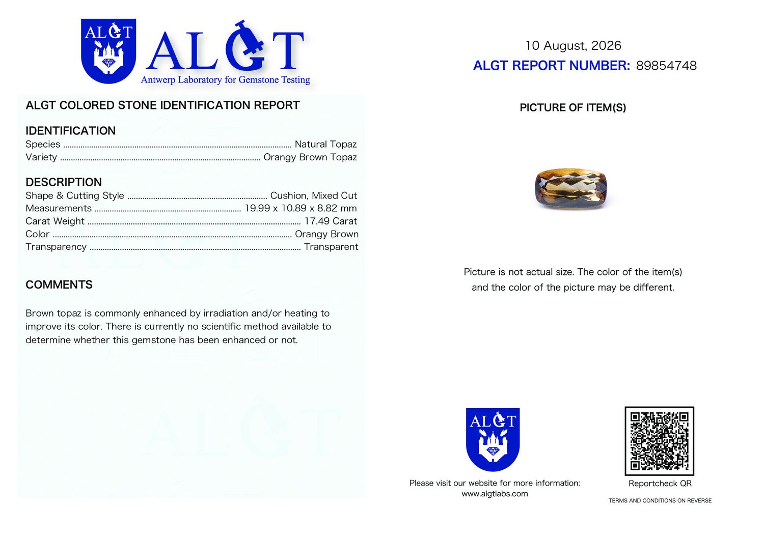 Certificate 17.49CT TOPAZ HEATED