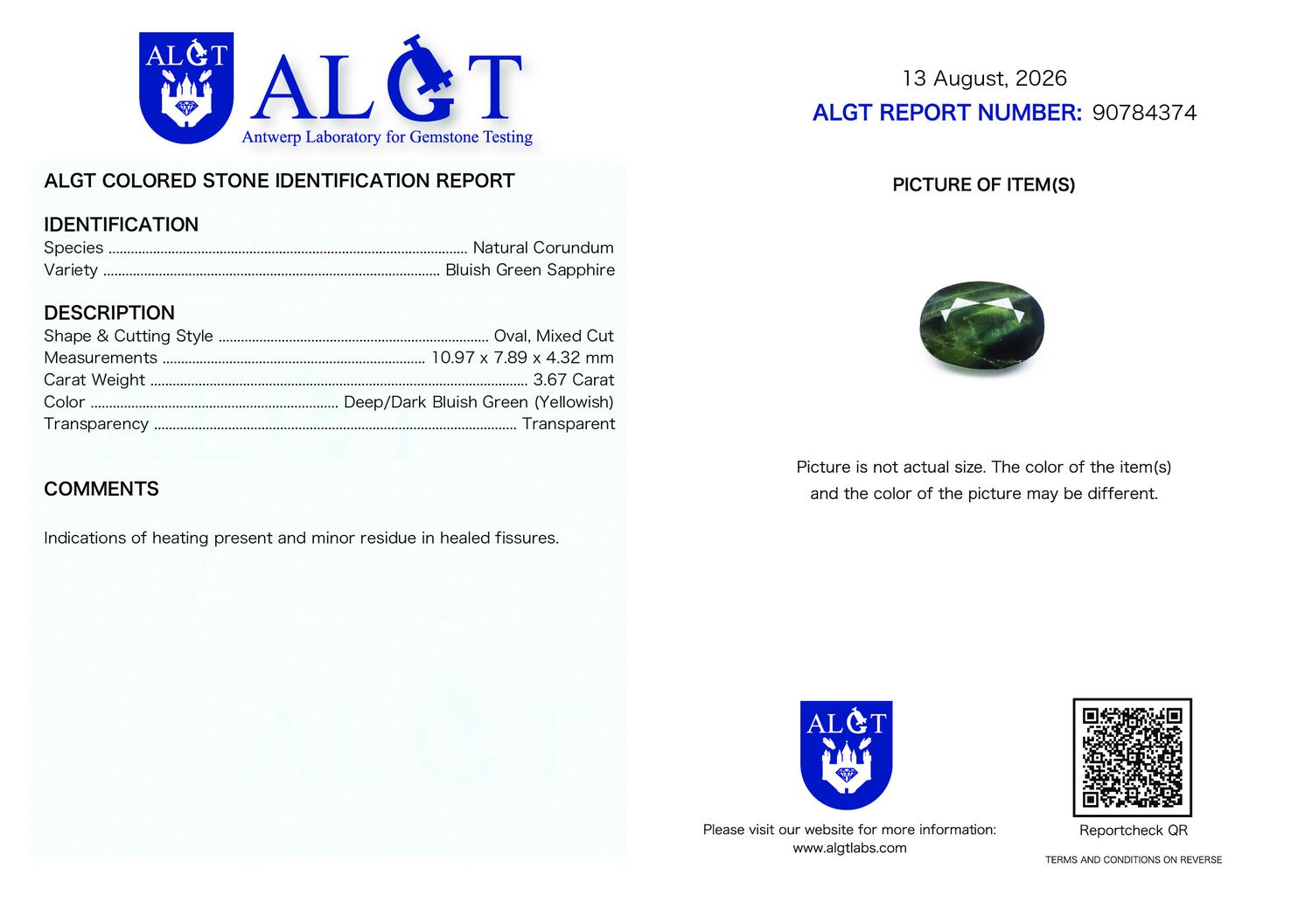 Certificate 3.67CT SAPPHIRE HEATED