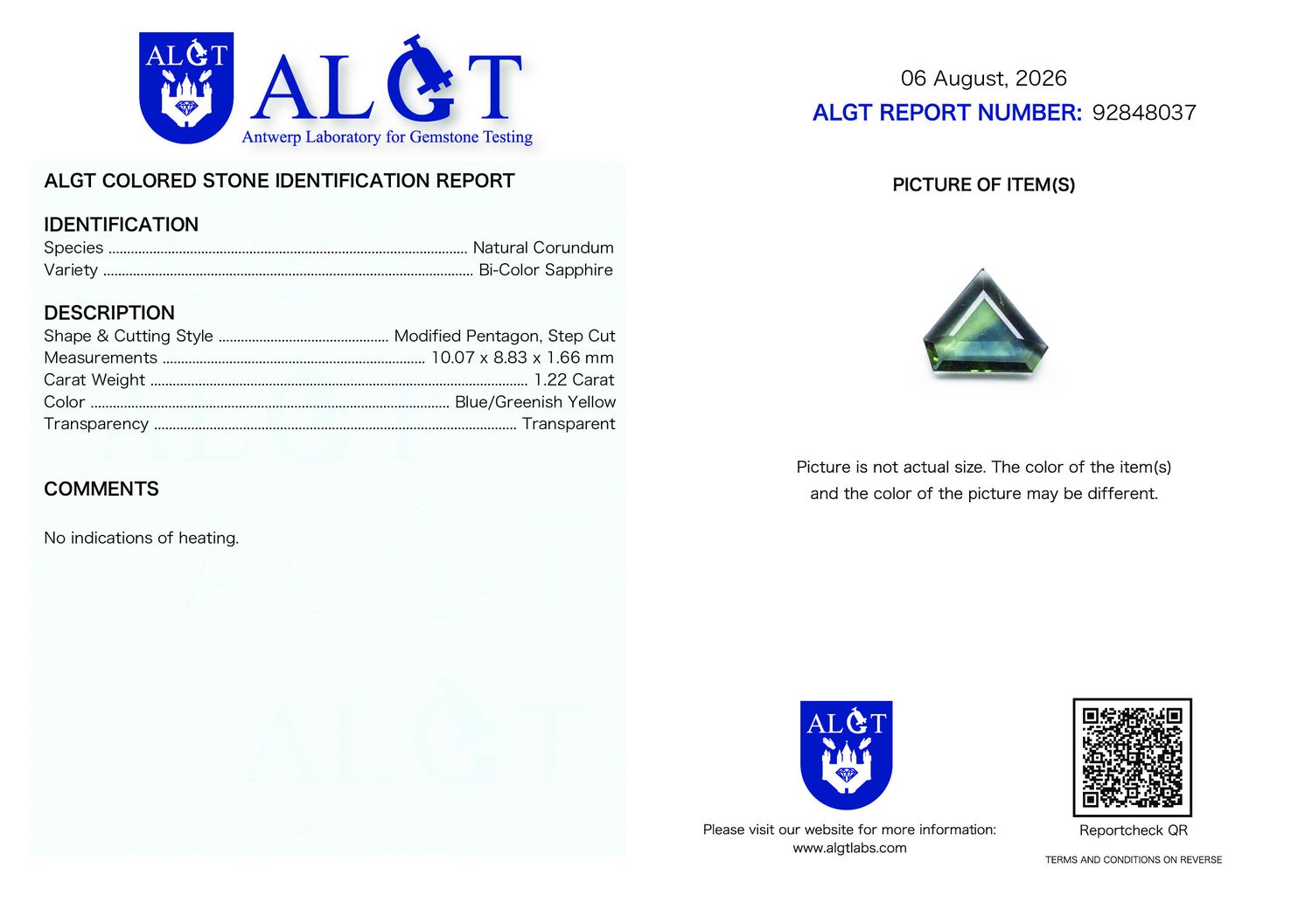 Certificate 1.22CT SAPPHIRE UNHEATED