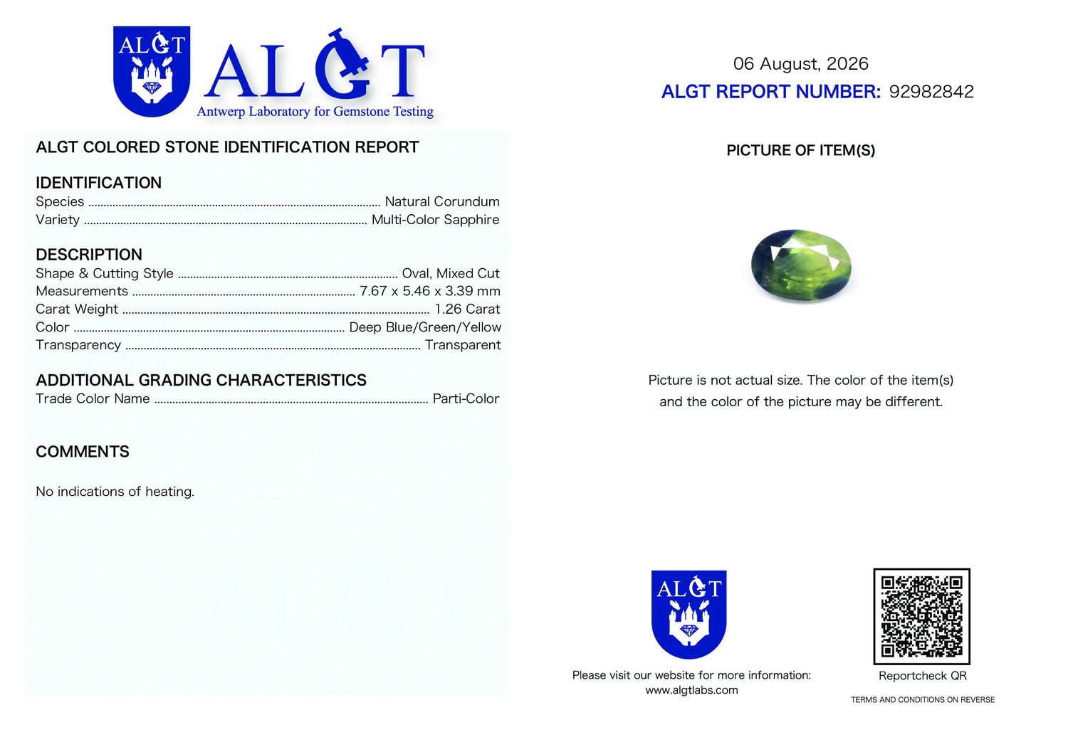 Certificate 1.26CT SAPPHIRE UNHEATED