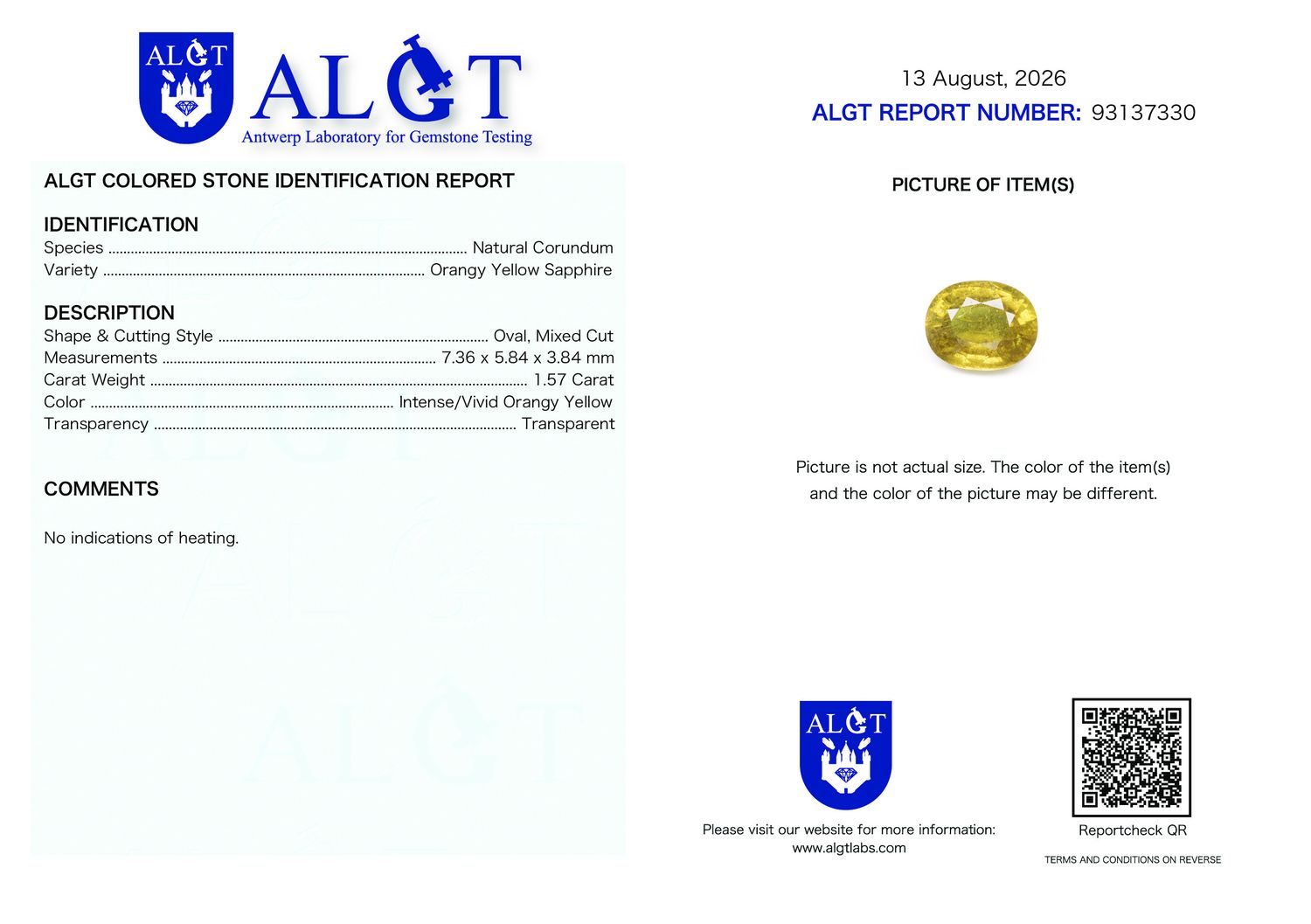 Certificate 1.57CT SAPPHIRE UNHEATED