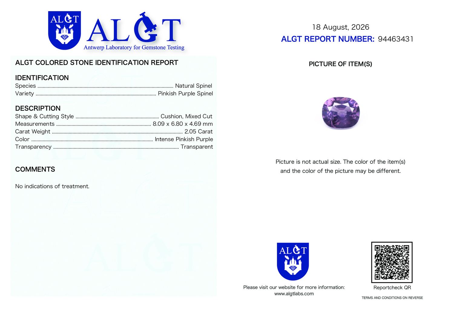 Certificate 2.05CT SPINEL UNHEATED