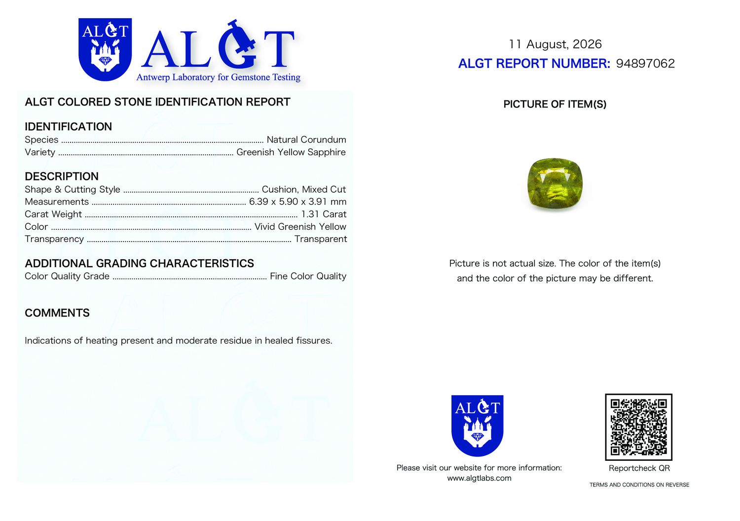 Certificate 1.31CT SAPPHIRE HEATED