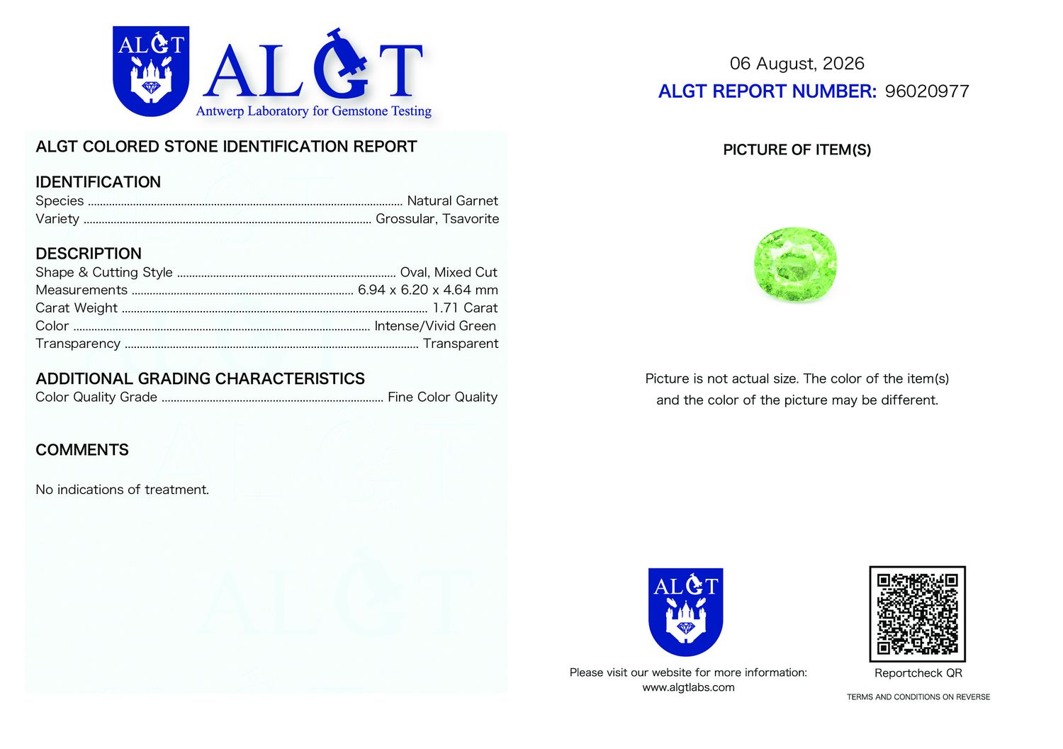 Certificate 1.71CT GARNET UNHEATED