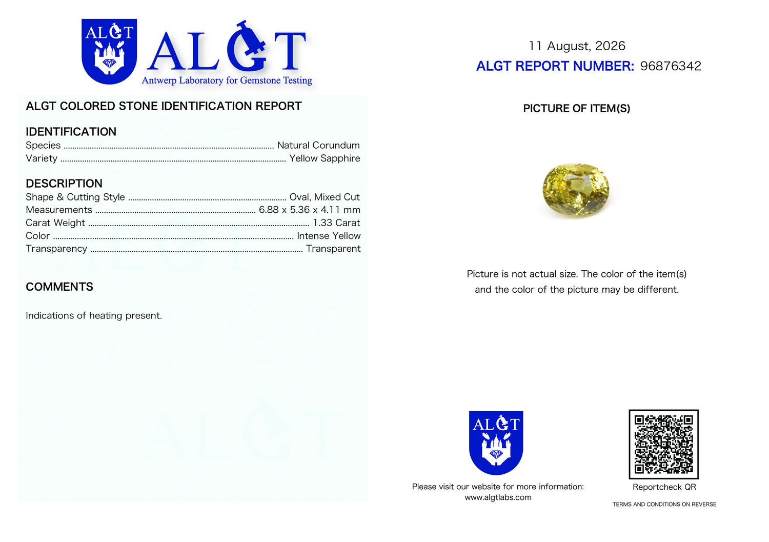Certificate 1.33CT SAPPHIRE HEATED