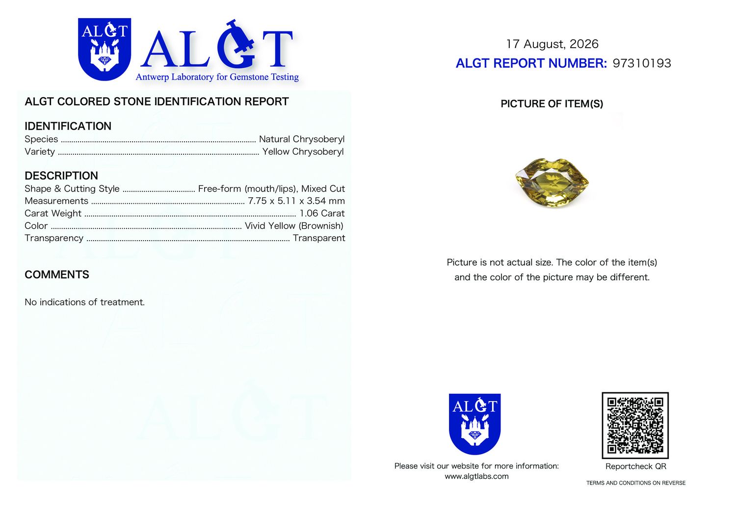 Certificate 1.06CT CHRYSOBERYL UNHEATED