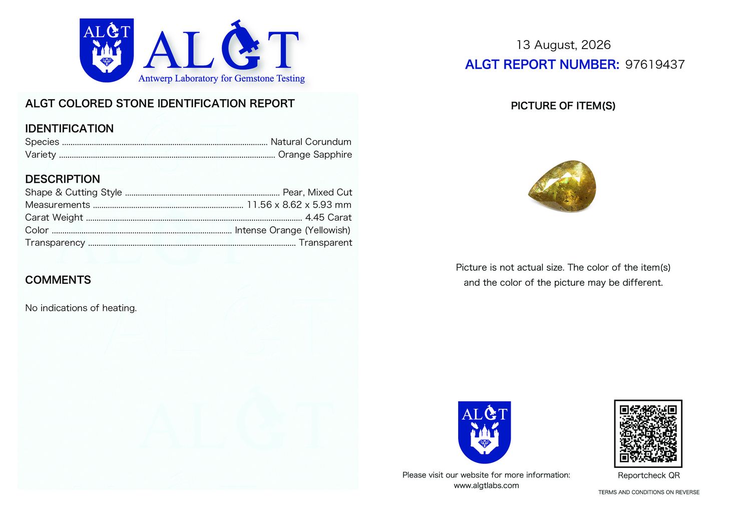 Certificate 4.45CT SAPPHIRE UNHEATED