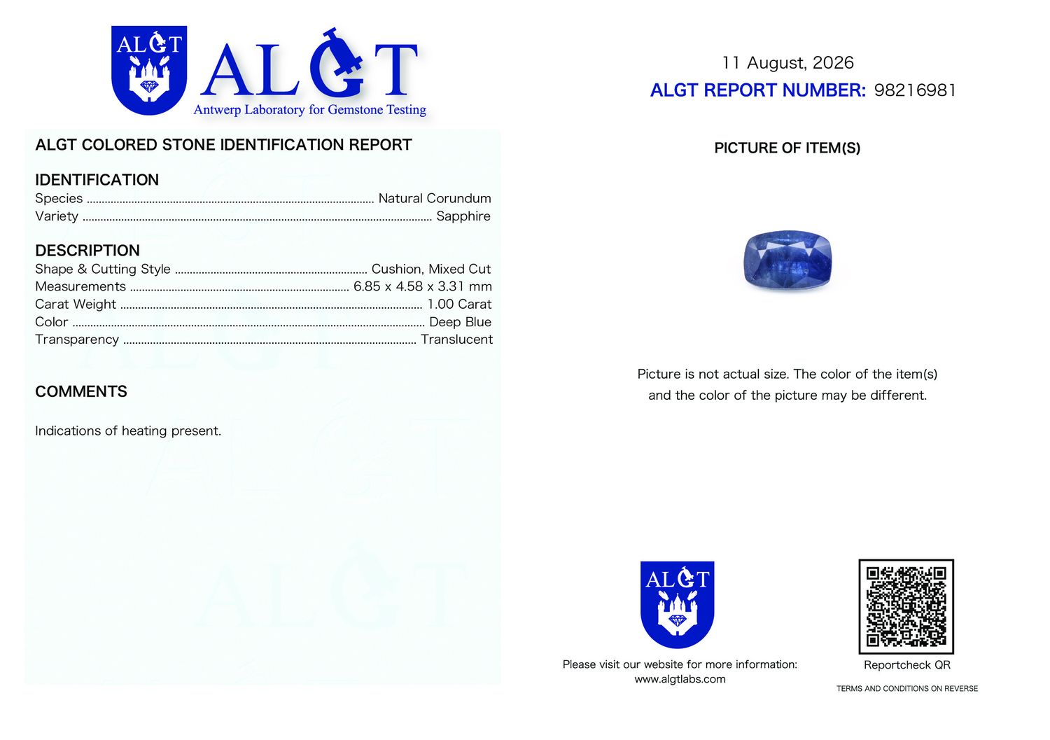 Certificate 1.00CT SAPPHIRE HEATED