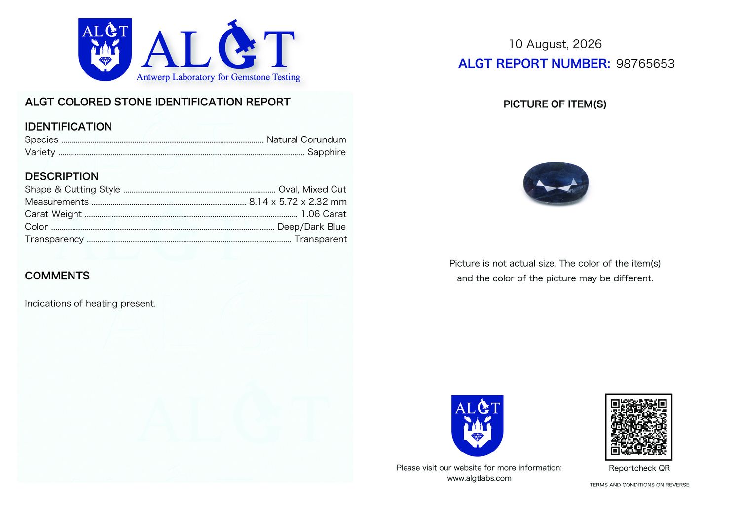 Certificate 1.06CT SAPPHIRE HEATED